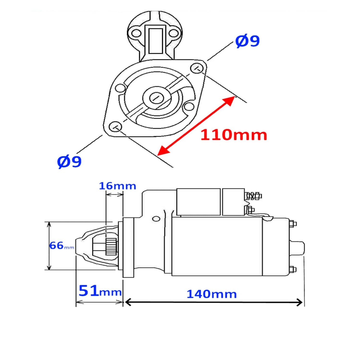 Starter motor for KUBOTA ENGINE D722/D950/Z400/Z500C/Z600/Z600C-1 NEW UPDATED-TYPE